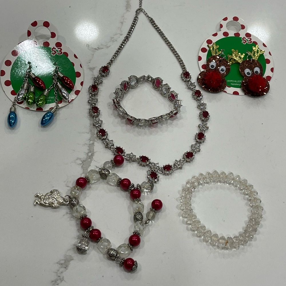 CHRISTMAS NECKLACE, SANTA BRACELET, EARRINGS